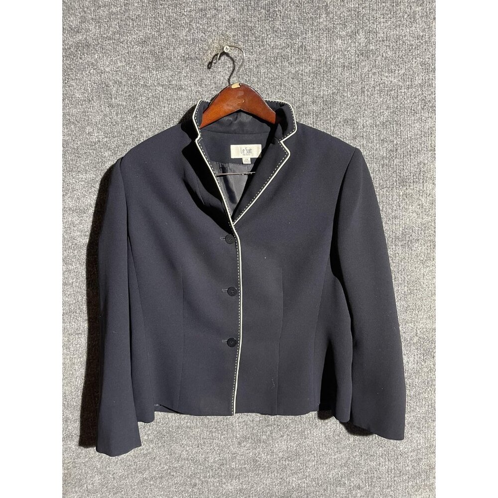 Le Suit Blazer Womens 14P Petite Blue Shawl Collar Contrast Trim Suit Jacket